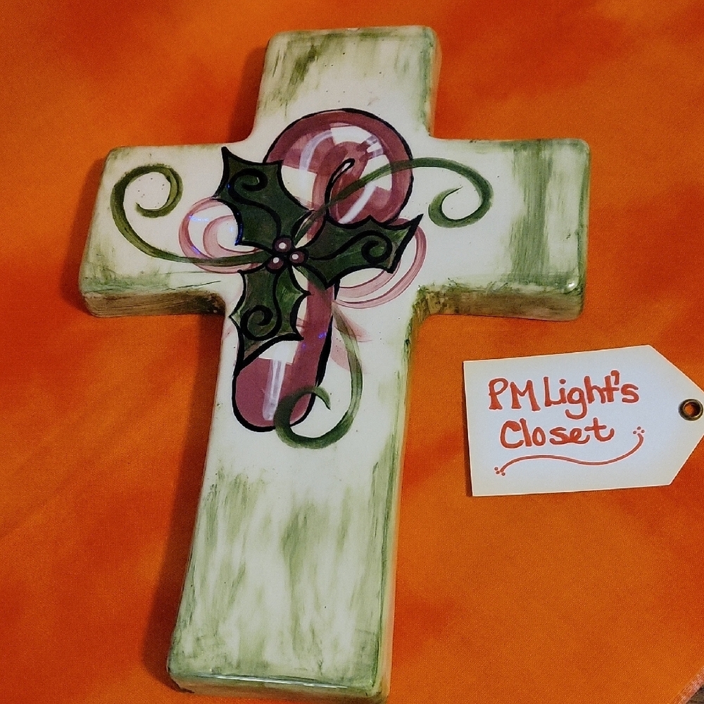 Painted Decorative Ceramic Cross with Holly and Ribbon P